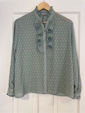 Vintage Sage Green Swiss Dot Blouse, Ruffle Collar & Pleated Mock Neck Japan 13